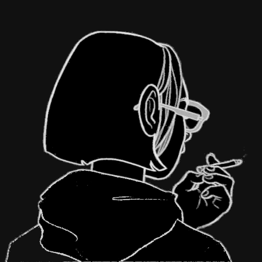 My avatar, a drawing of a neck length haired person of indefinite gender with thick-framed glasses looking away from the camera and holding a cigarette.